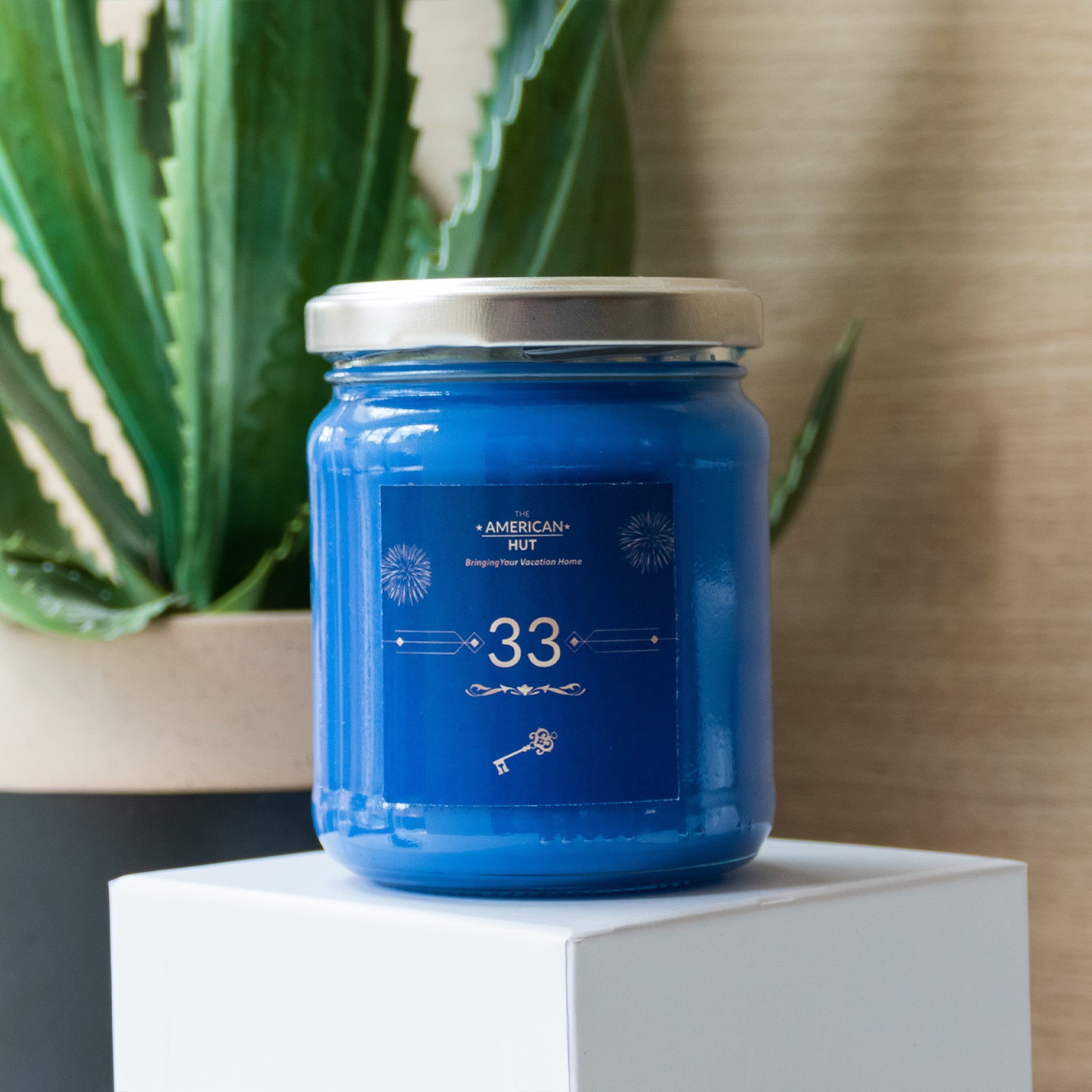 33 Candle, Inspired by Disney's Club 33, Blue Waxed 8oz candle sat on white box with plant in background