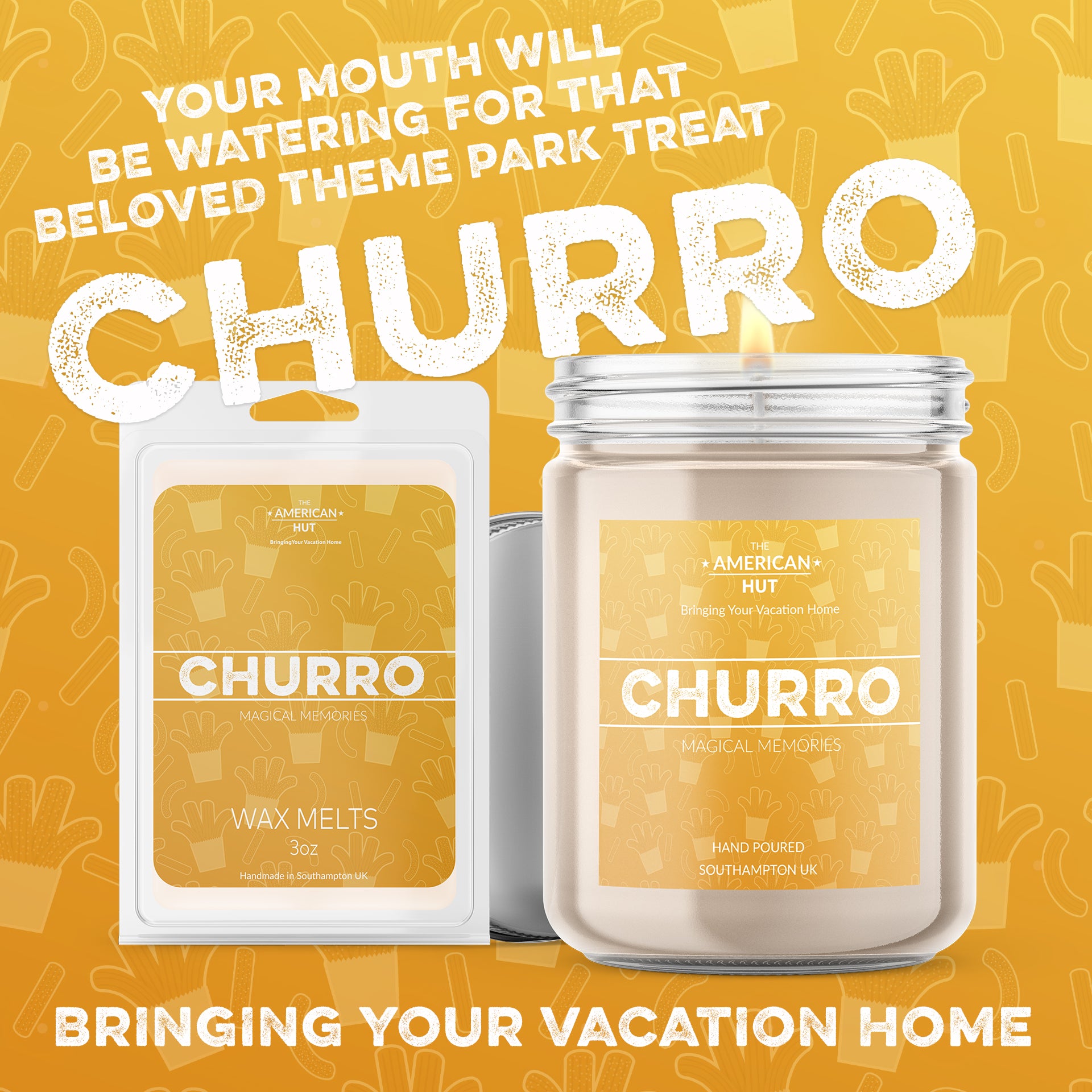 CGI Launch for Churro fragrance range, 8oz candle and 3oz wax melt